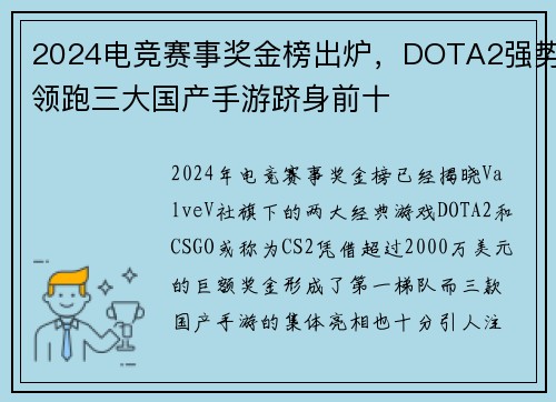 2024电竞赛事奖金榜出炉，DOTA2强势领跑三大国产手游跻身前十