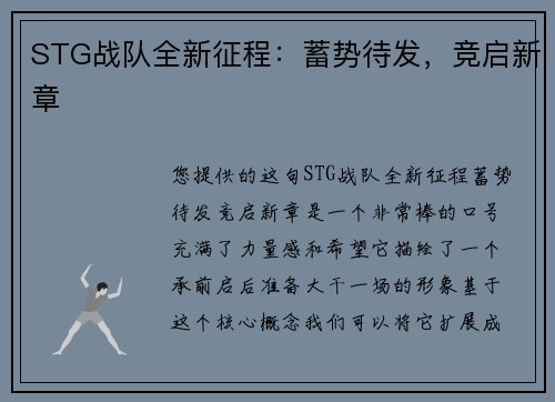 STG战队全新征程：蓄势待发，竞启新章